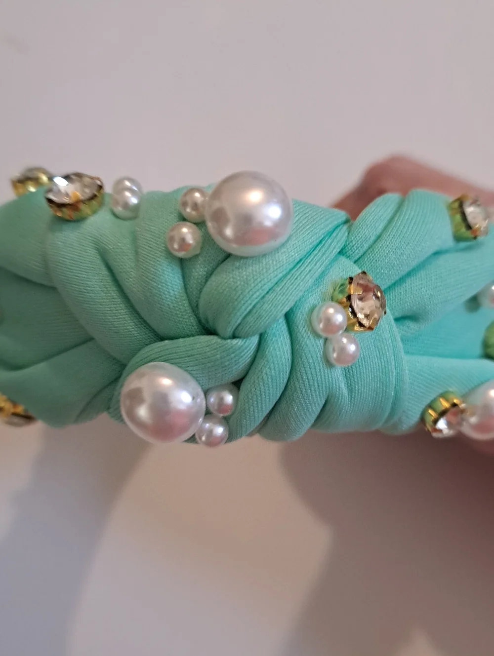 Light Green Faux Pearl & Rhinestone Knotted Headband - Wide, Solid Color